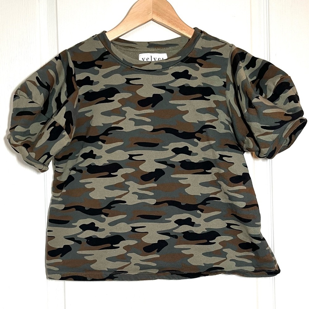 ANTHROPOLOGIE Velvet by Graham & Spencer Camo Puff Sleeve Size S Army Print